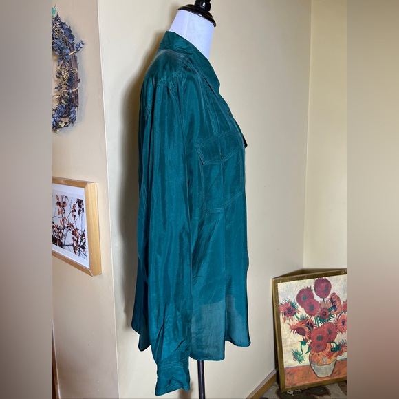 Vtg NEW CONCEPTS Size Large 100% Silk Emerald Green Button Down LongSleeve - Picture 5 of 10